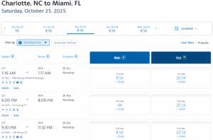 Screenshot showing AAdvantage award search results from Miami to Charlotte in lay-flat first class using AAdvantage miles
