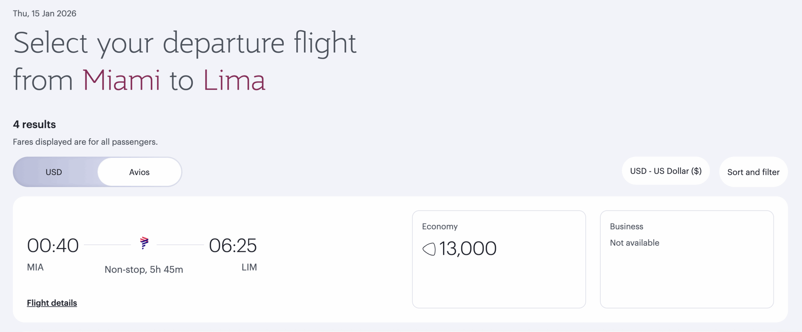 AA award from Miami to Lima for 13,000 Qatar Airways Avios