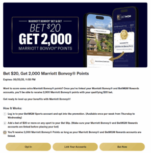 Screenshot of BetMGM promotion for bonus Marriott Bonvoy points