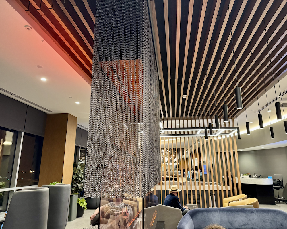 American Airlines Flagship Lounge at PHL living room and fireplace.