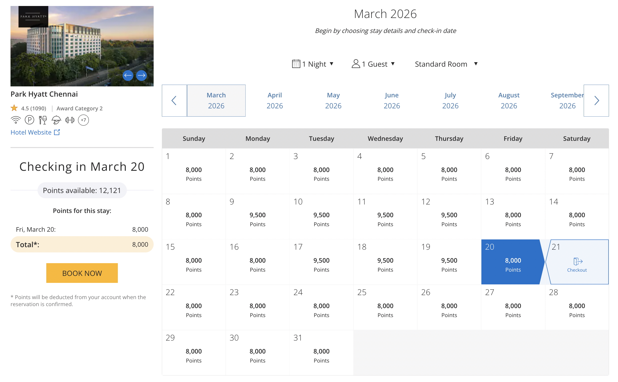 Park Hyatt Chennai points pricing