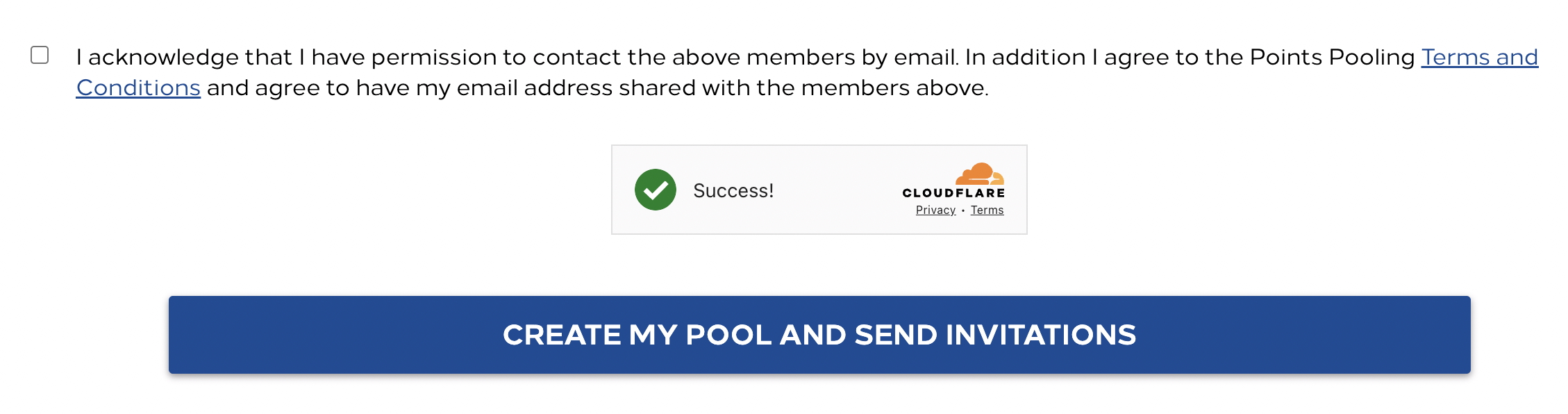 Screenshot of Hilton's website showing points pool creation and invitations to be sent