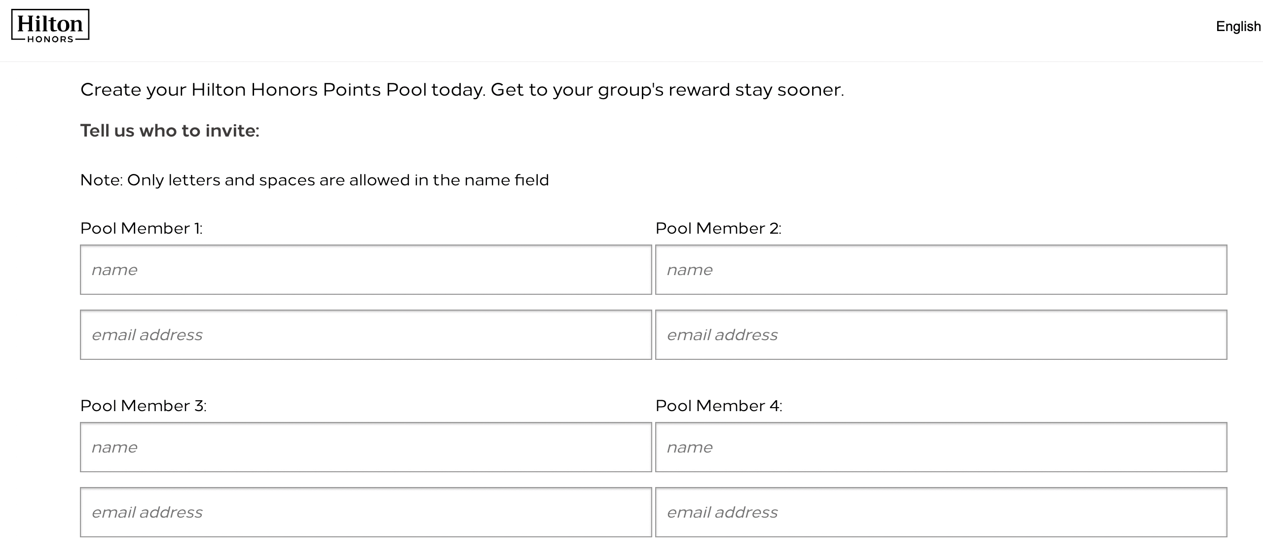Screenshot of Hilton's website showing points pooling form