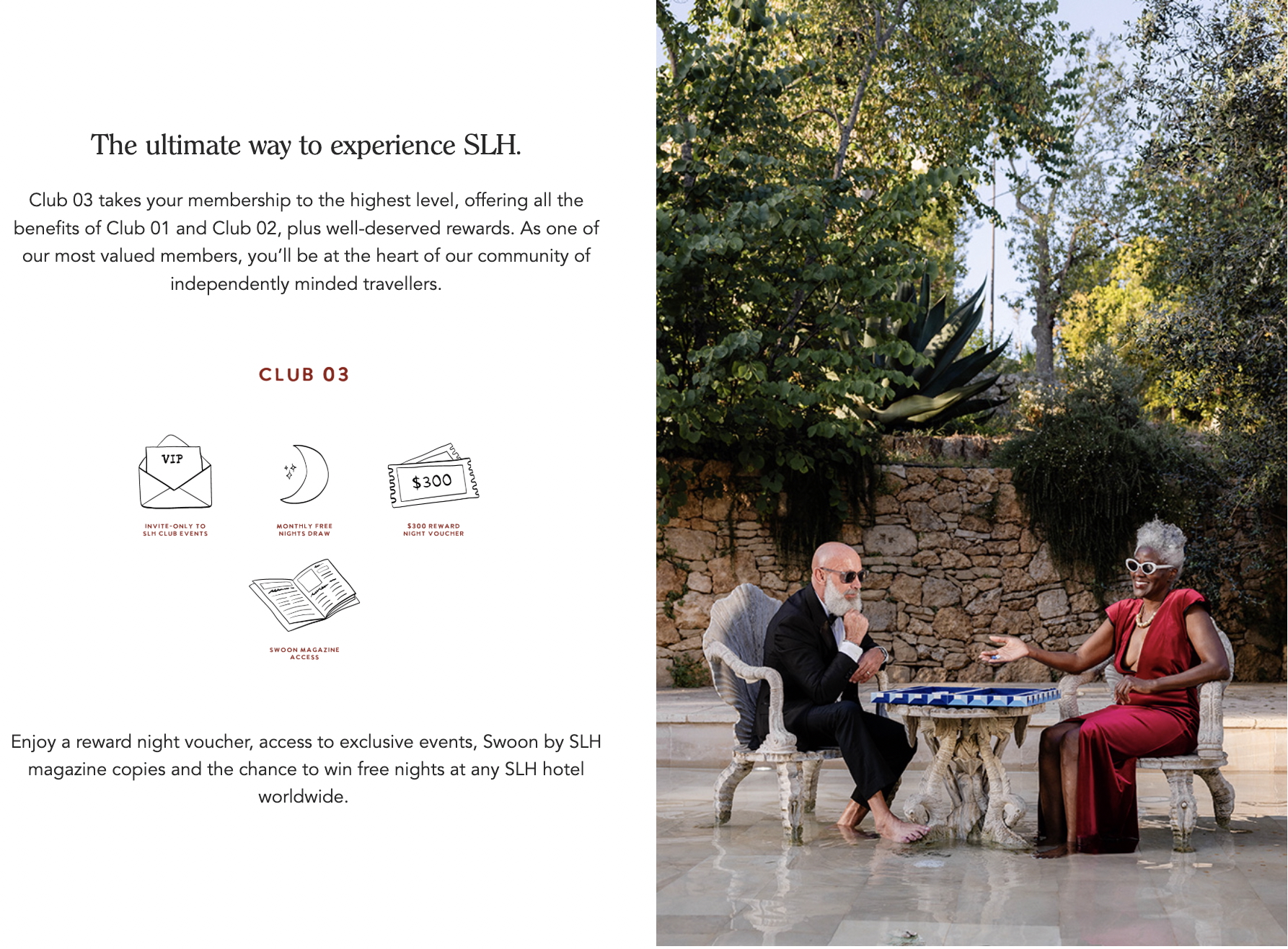 Screenshot from SLH website showing Club 03 level benefits