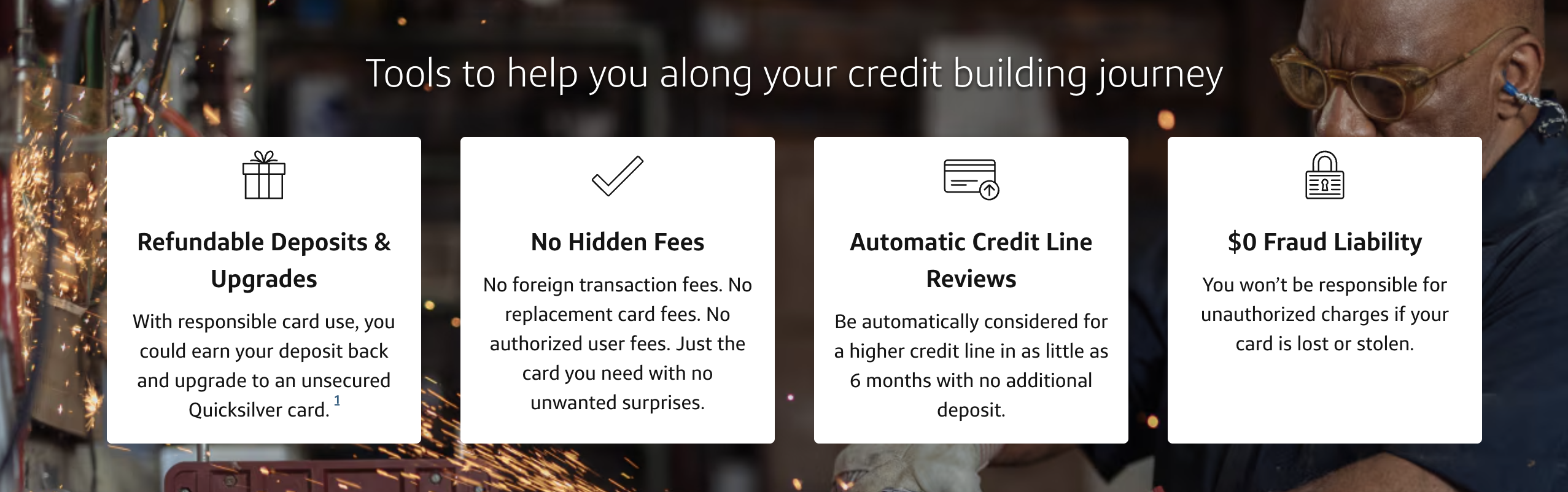A screenshot showing the credit-building tools using the Capital One Quicksilver Secured Card.