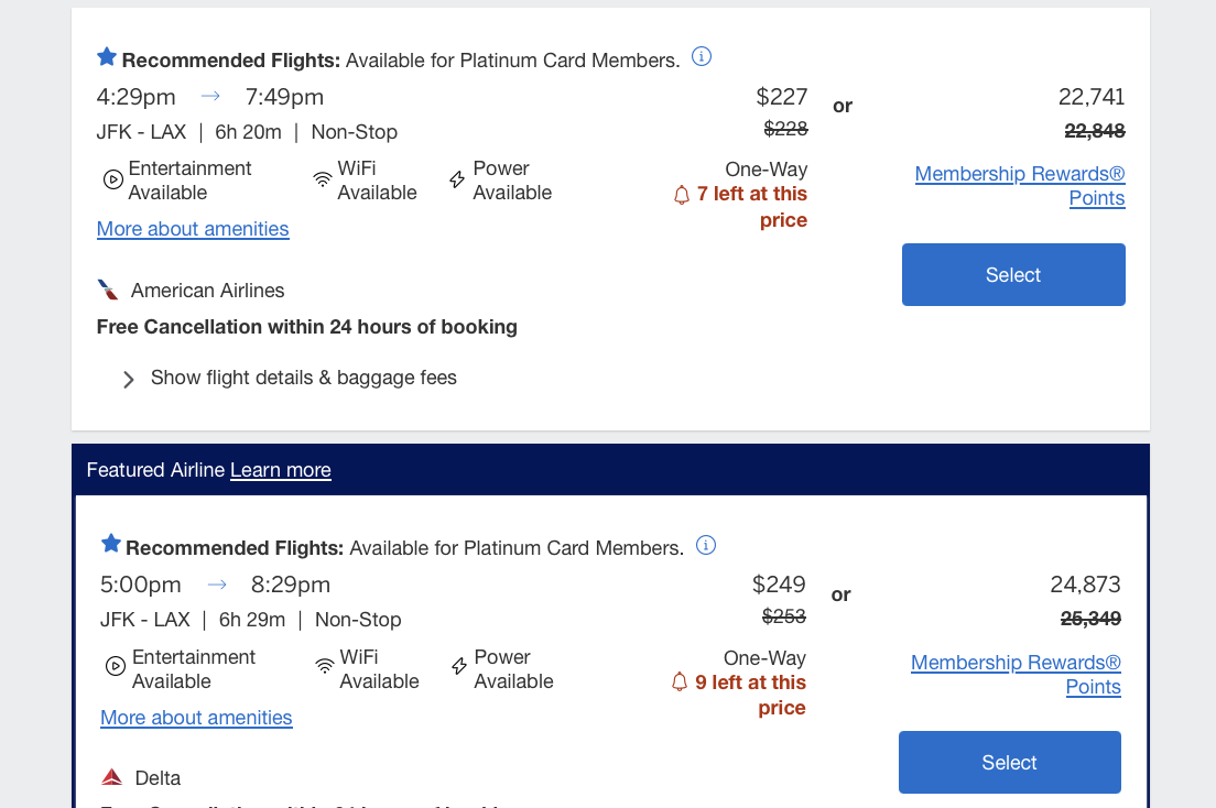 A screenshot showing two flight options from JFK to LAX on American and Delta