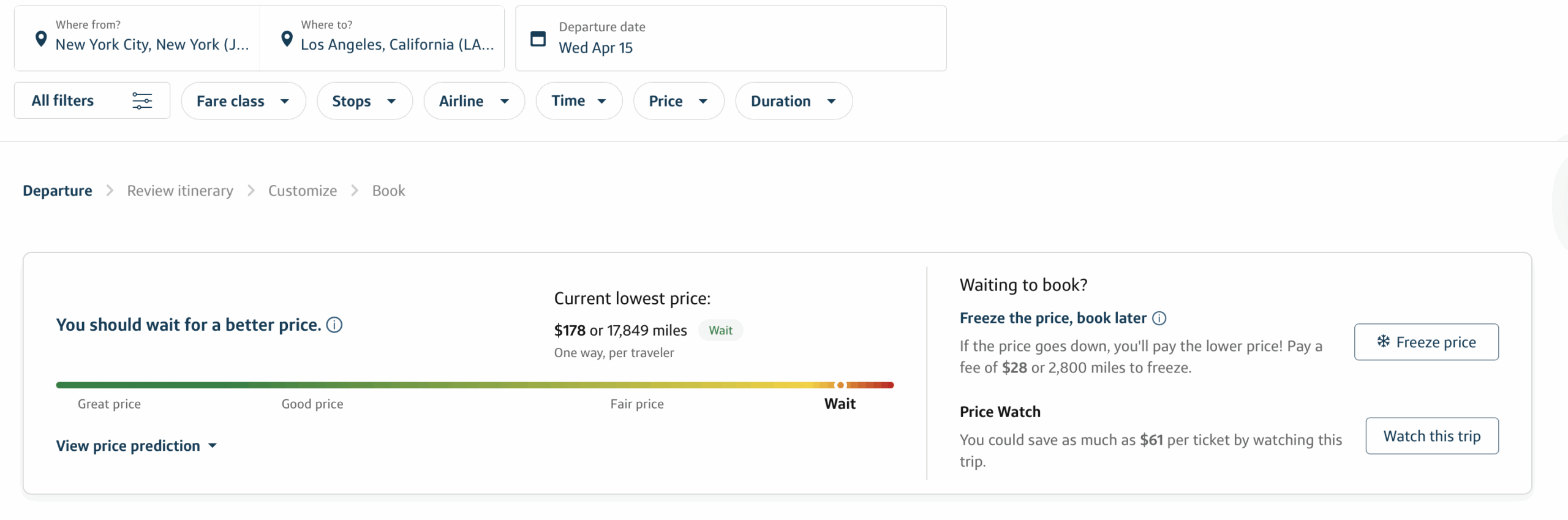 A screenshot showing a search on Capital One Travel for a flight from JFK to LAX