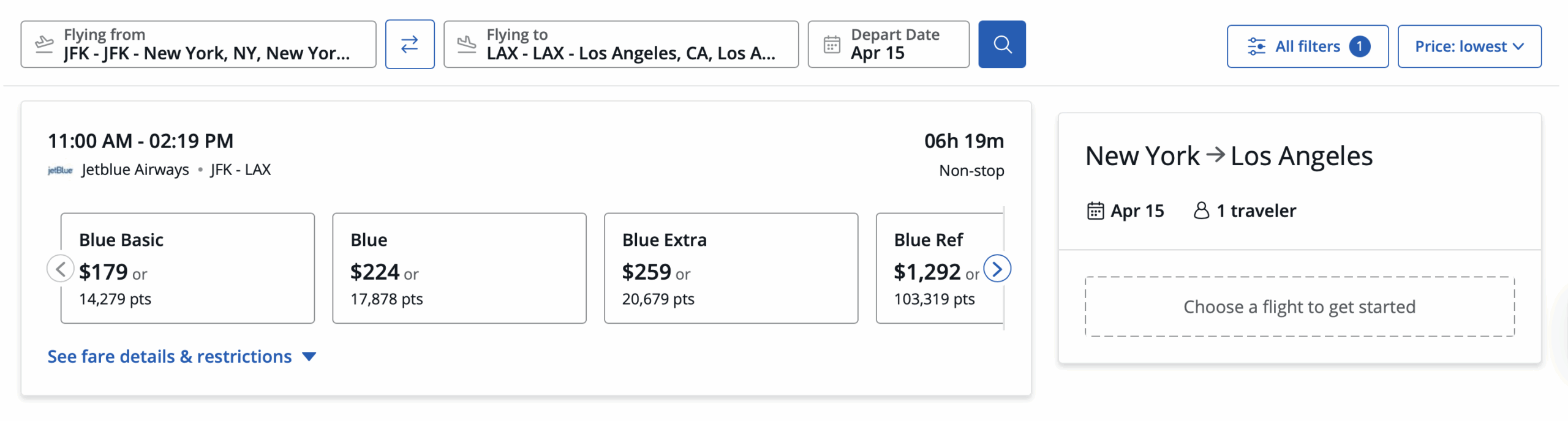 A screenshot showing a JetBlue flight from JFK to LAX through Chase Travel