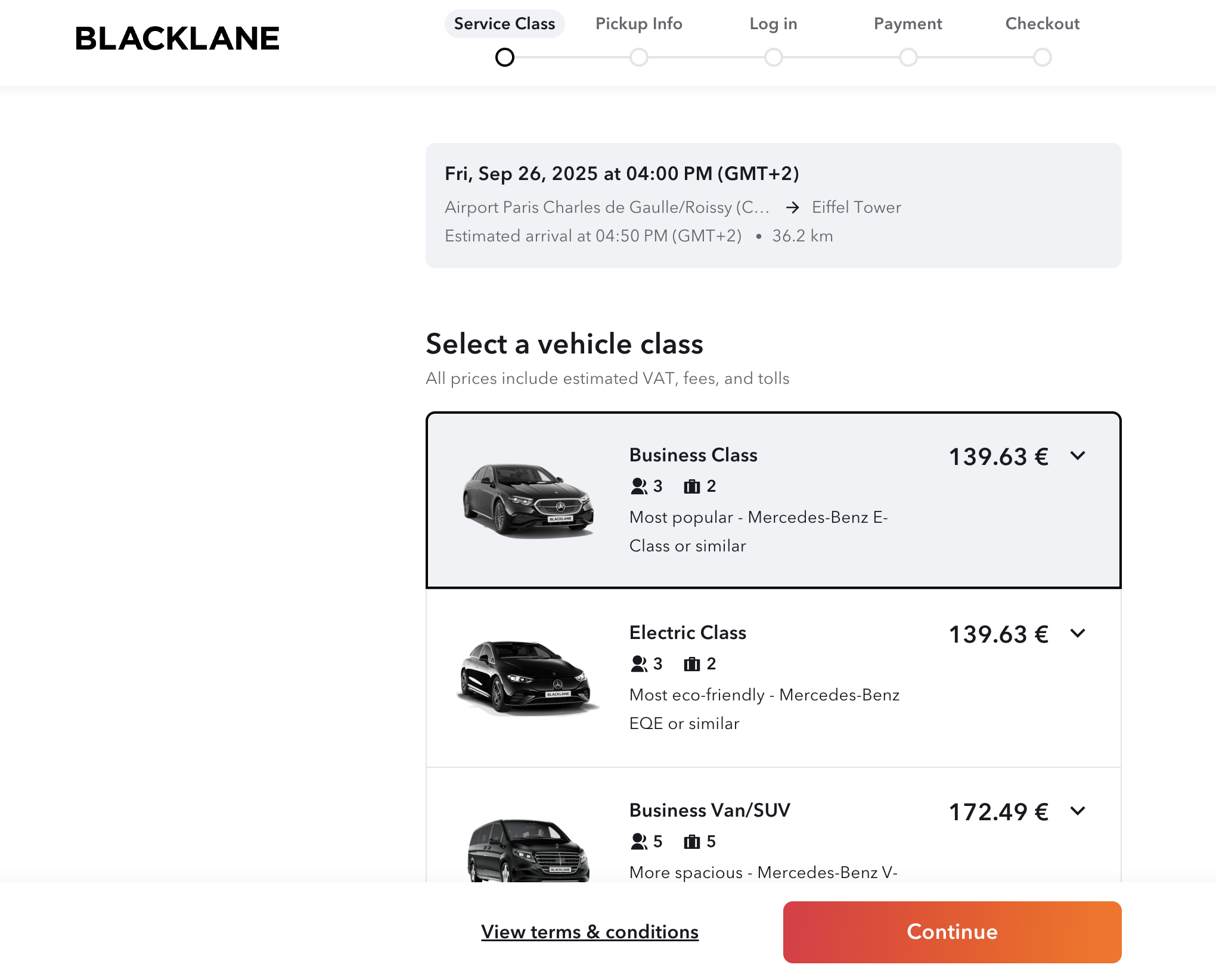 A screenshot showing a fare from CDG to the Eiffel Tower using Blacklane chauffeur services.