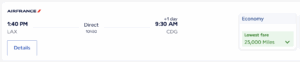 Screenshot from Air France showing 25k miles one way from LAX to CDG
