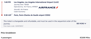 Air France checkout process showing flights from JFK to CDG for a family of four costing 87,500 points