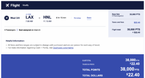 Southwest points pricing for a flight from Los Angeles to Honolulu