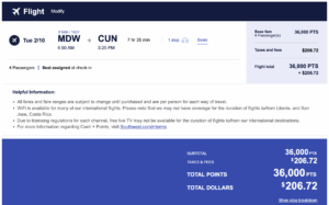 an airline sweet spot for families is using Southwest points between Chicago and Cancun, like this screenshot from Southwest for its award pricing