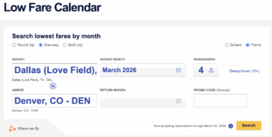 southwest low fare calendar search from DAL to DEN