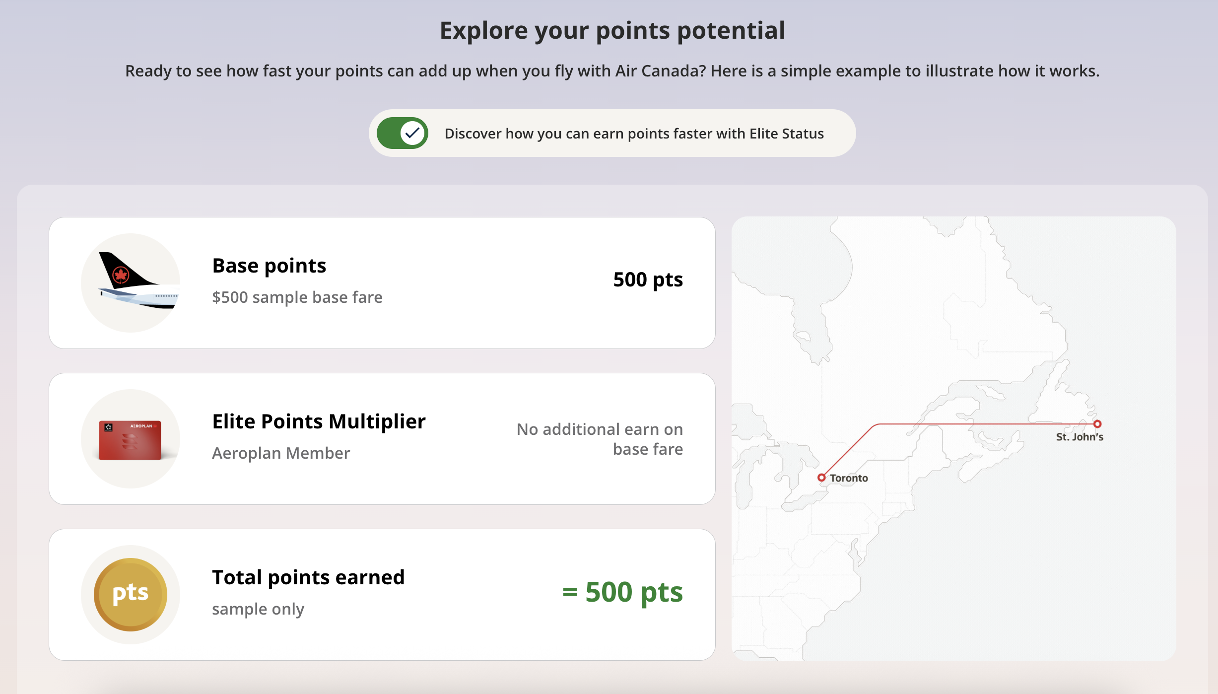 A screenshot showing the potential points earned on an Air Canada flight