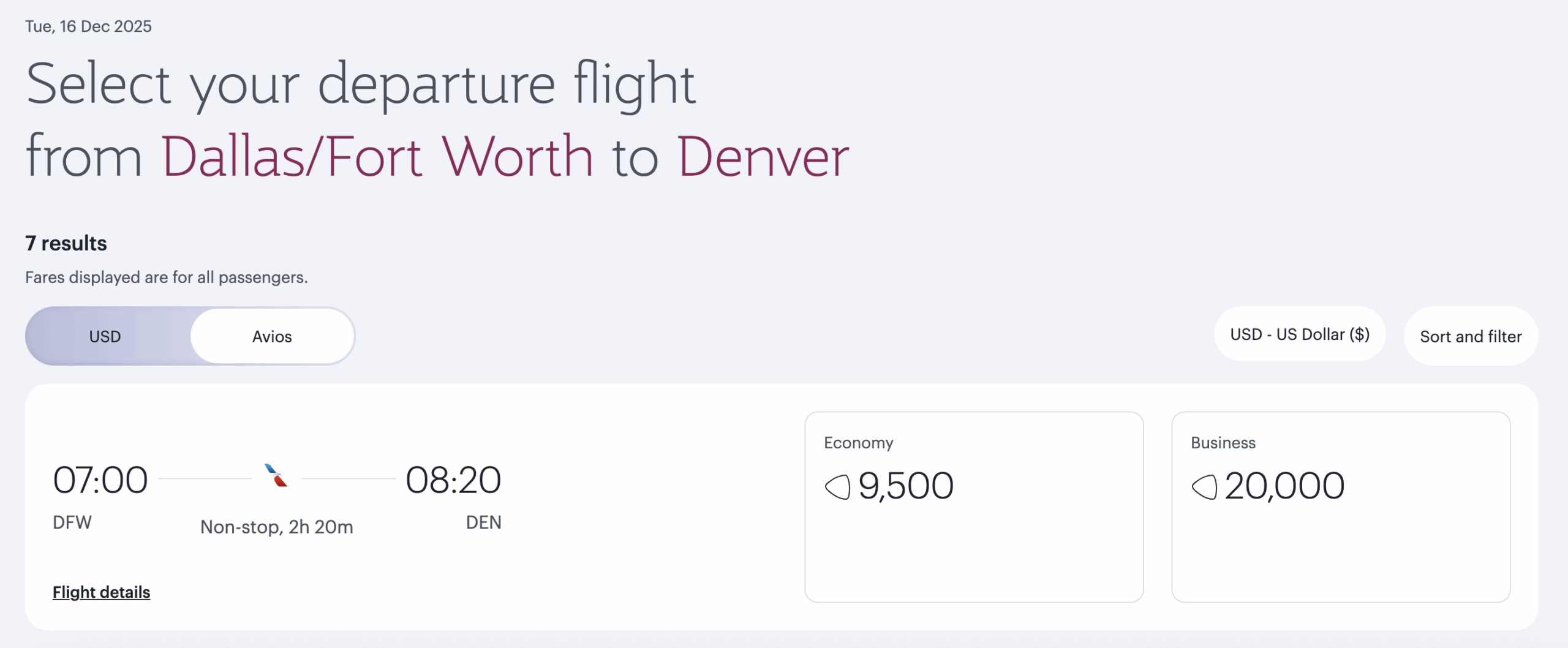 AA award from DFW to DEN via Qatar Airways.