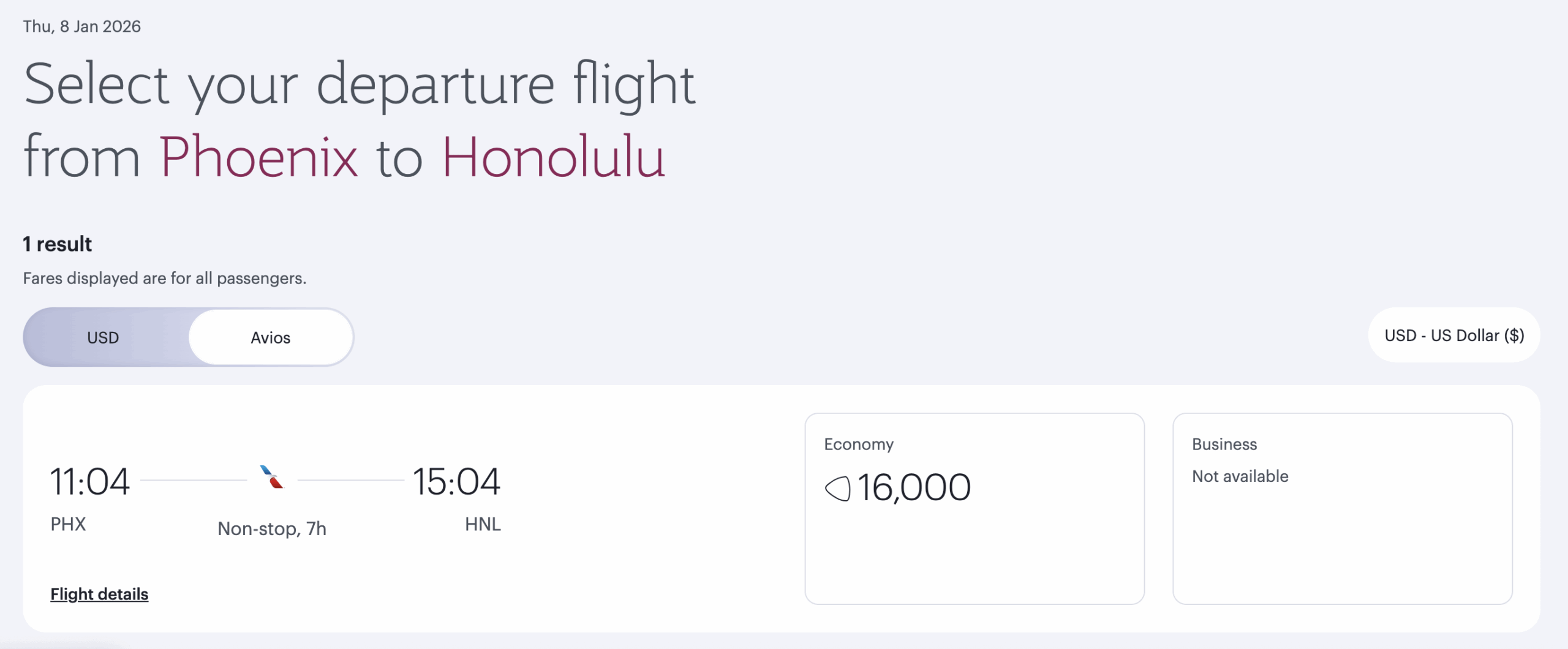 AA award from PHX to HNL via Qatar Airways.