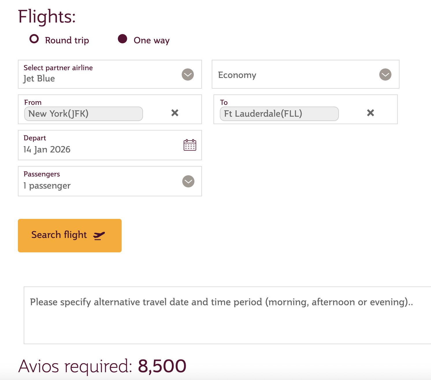 Qatar Airlines award flight price calculator