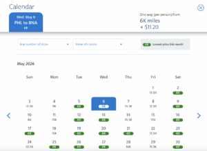 American Airlines award chart with a white background and green and black text