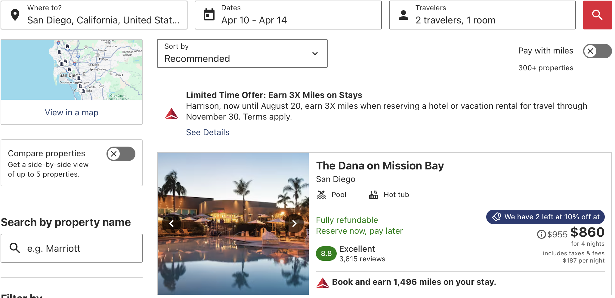 A screenshot showing a search for hotels in San Diego through Delta Stays