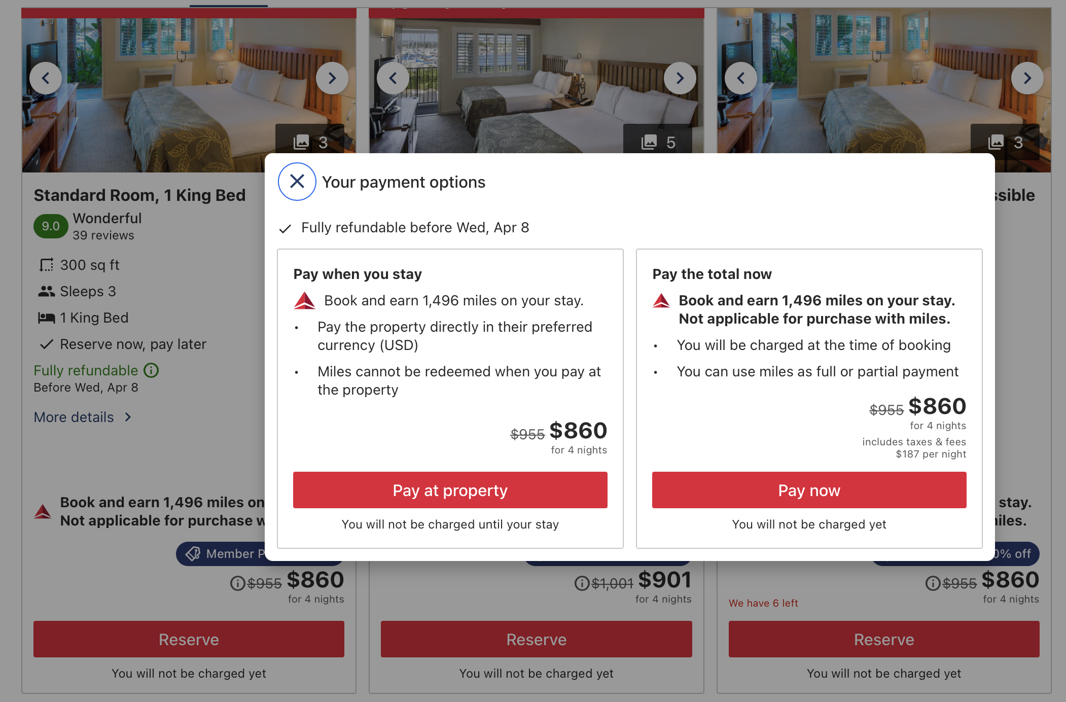 A screenshot showing options to pay for the hotel stay at the property or at the time of booking