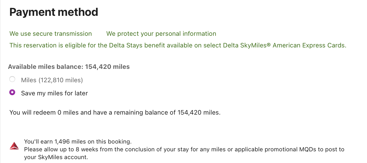 A screenshot showing a pay with miles option