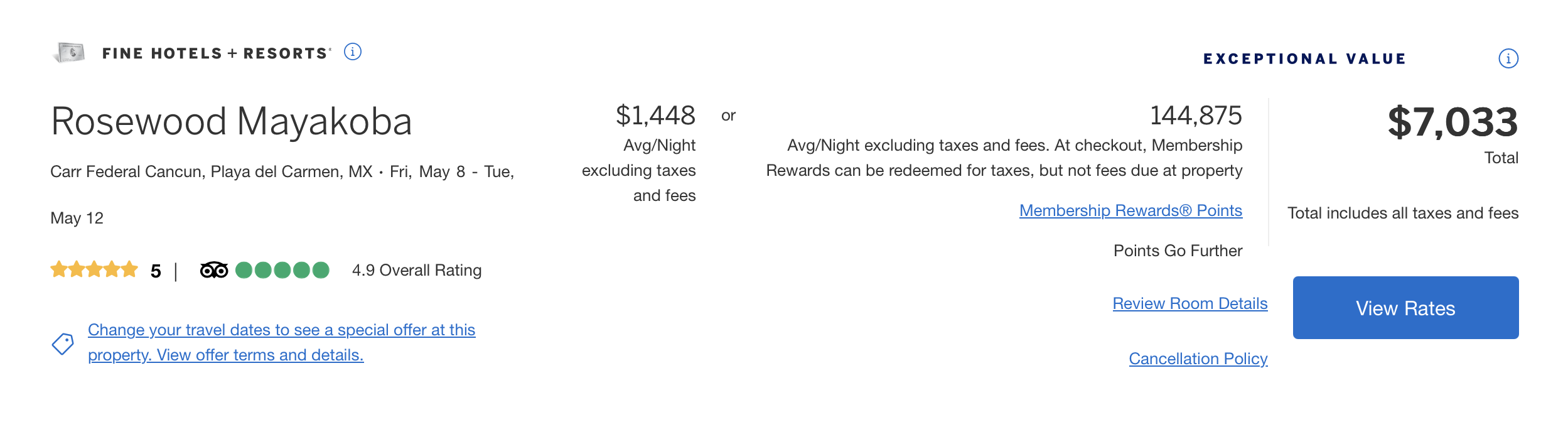 A screenshot showing an Amex Travel booking for Rosewood Mayakoba
