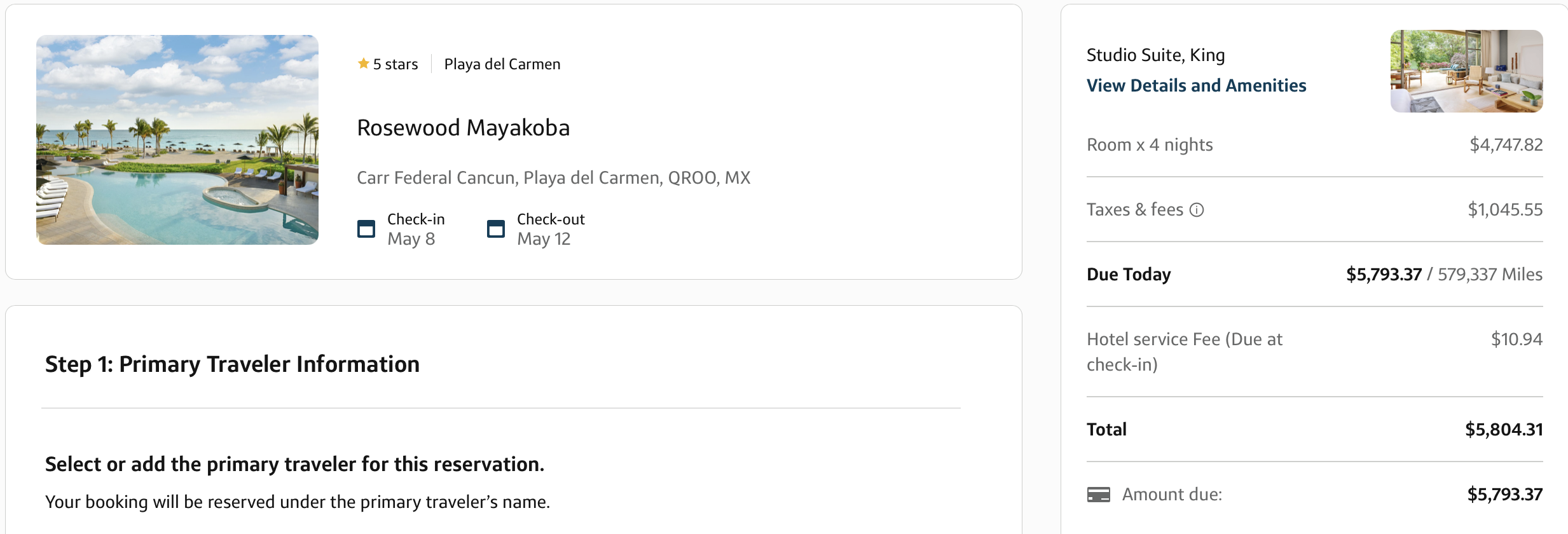 A screenshot showing a booking of Rosewood Mayakoba through Capital One Travel