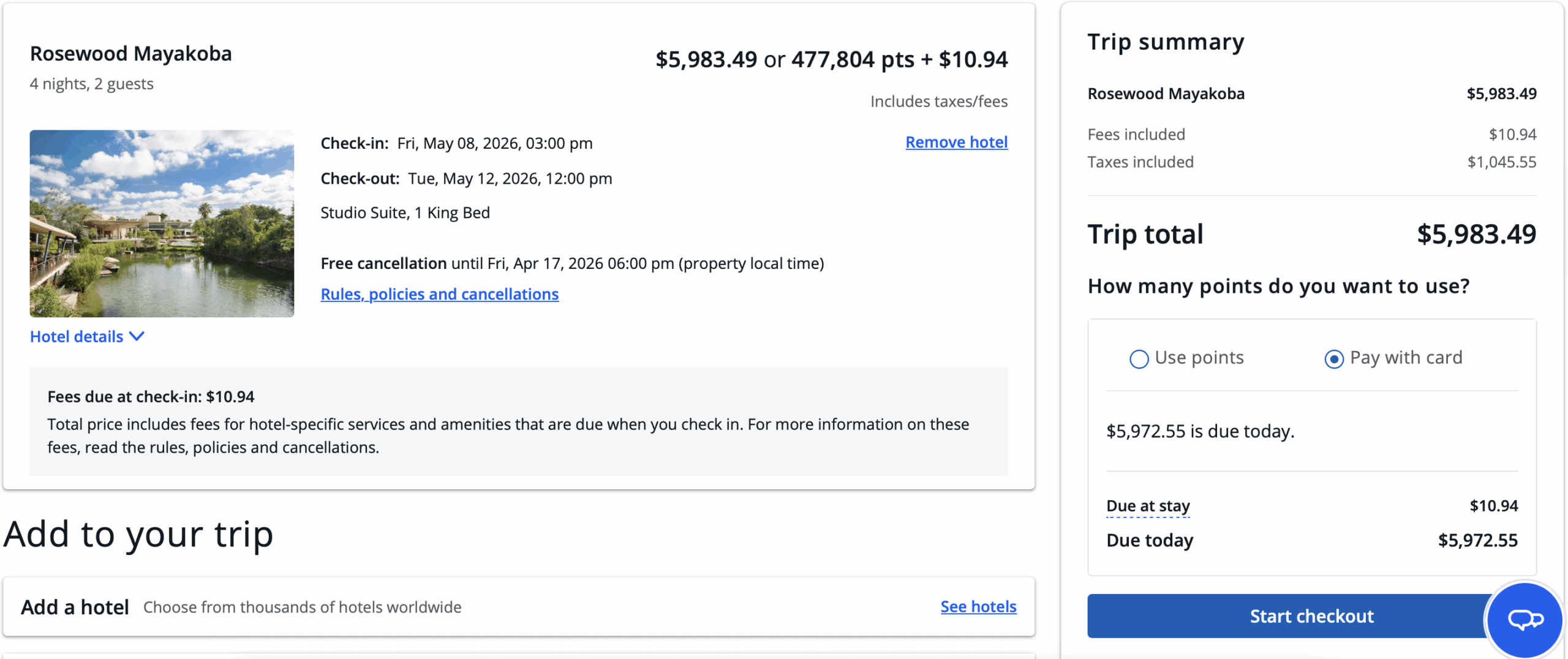 A screenshot showing a booking of Rosewood Mayakoba through Chase Travel