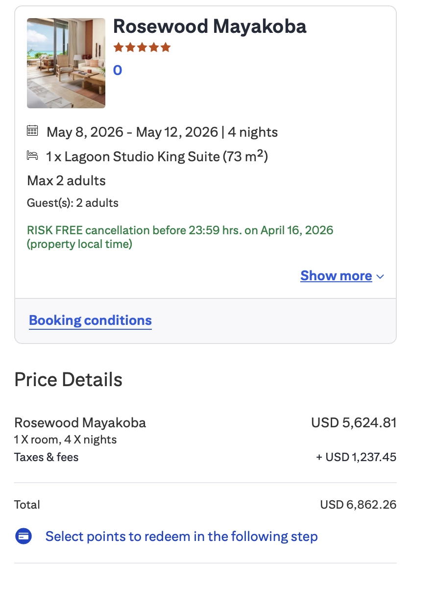 A screenshot showing the cost of a room at Rosewood Mayakoba when booked through Citi Travel