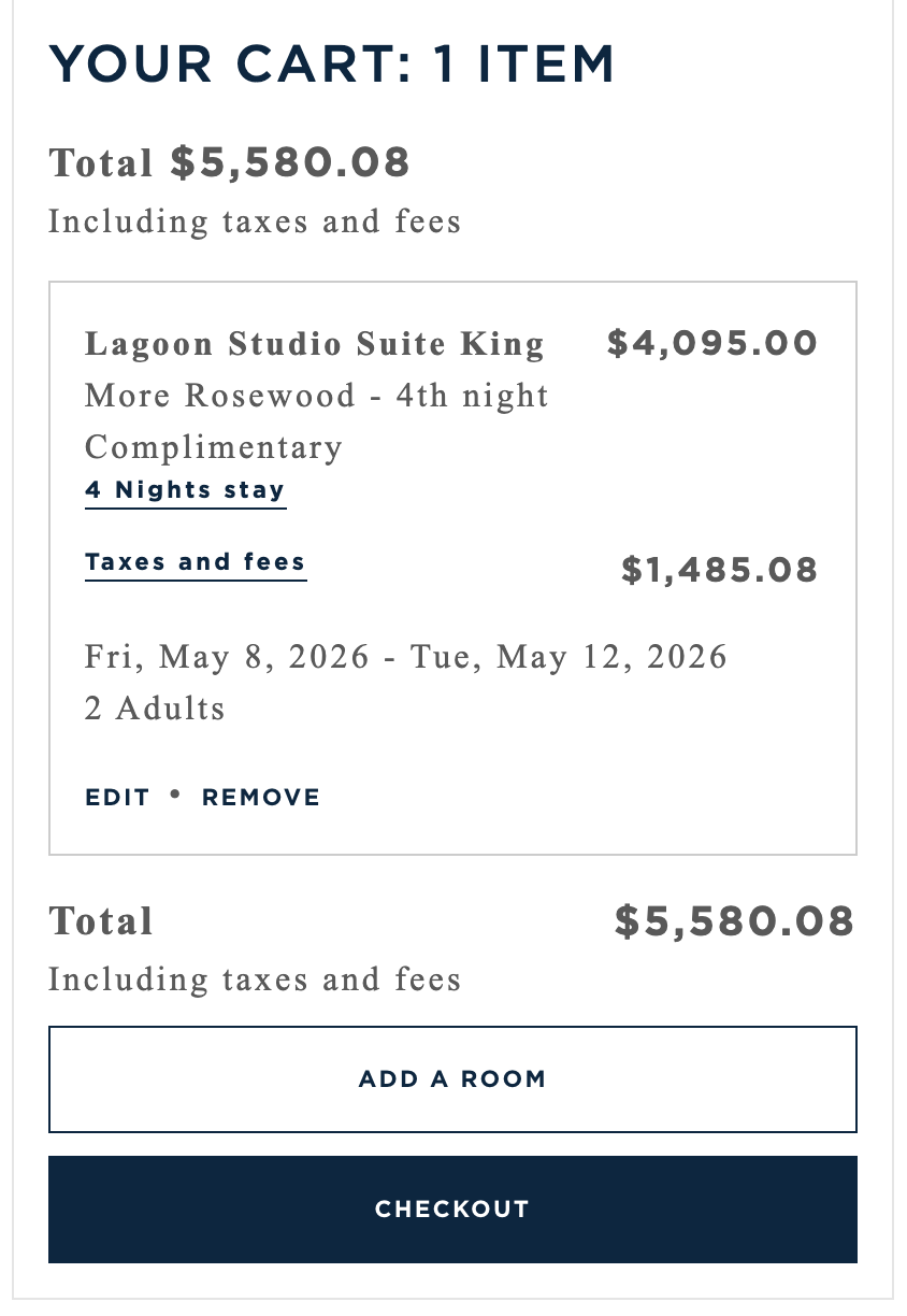 A screenshot showing a booking of a Lagoon Studio Suite King through Rosewood Mayakoba
