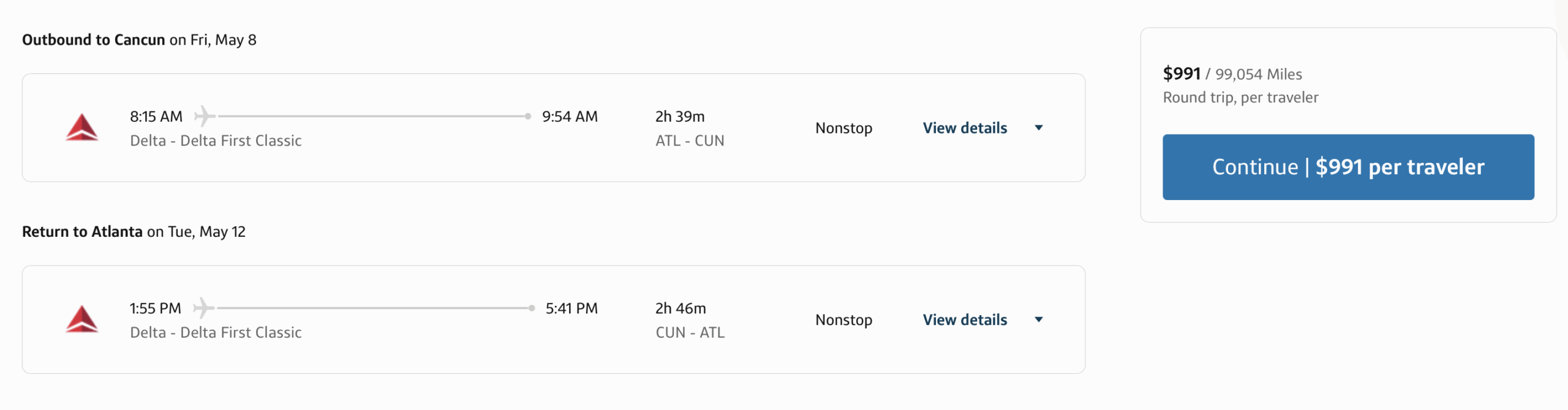 A screenshot showing a round-trip flight between Atlanta and Cancun booked through Capital One Travel