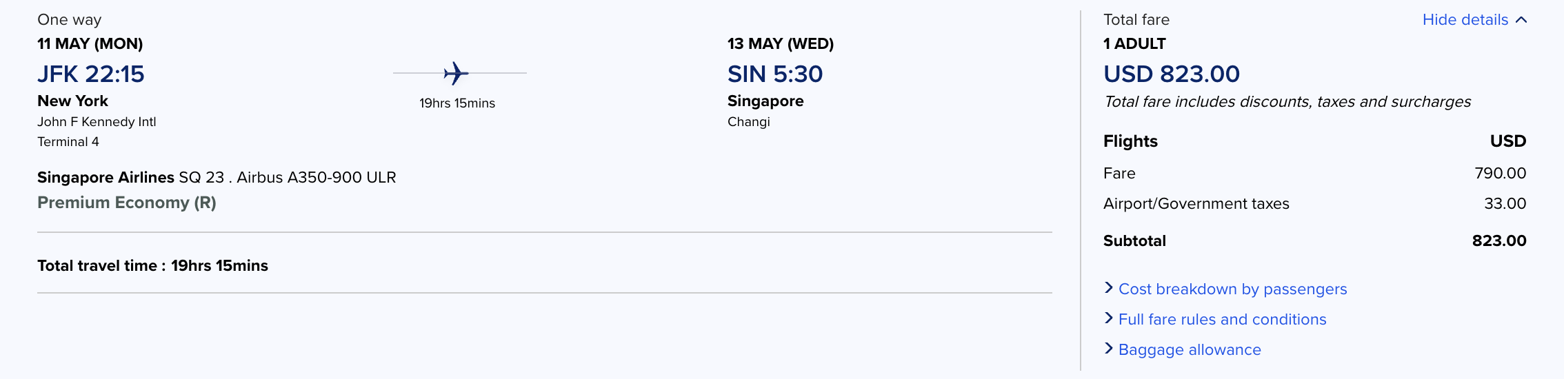 A screenshot of a flight from JFK to SIN booked through Singapore Airlines