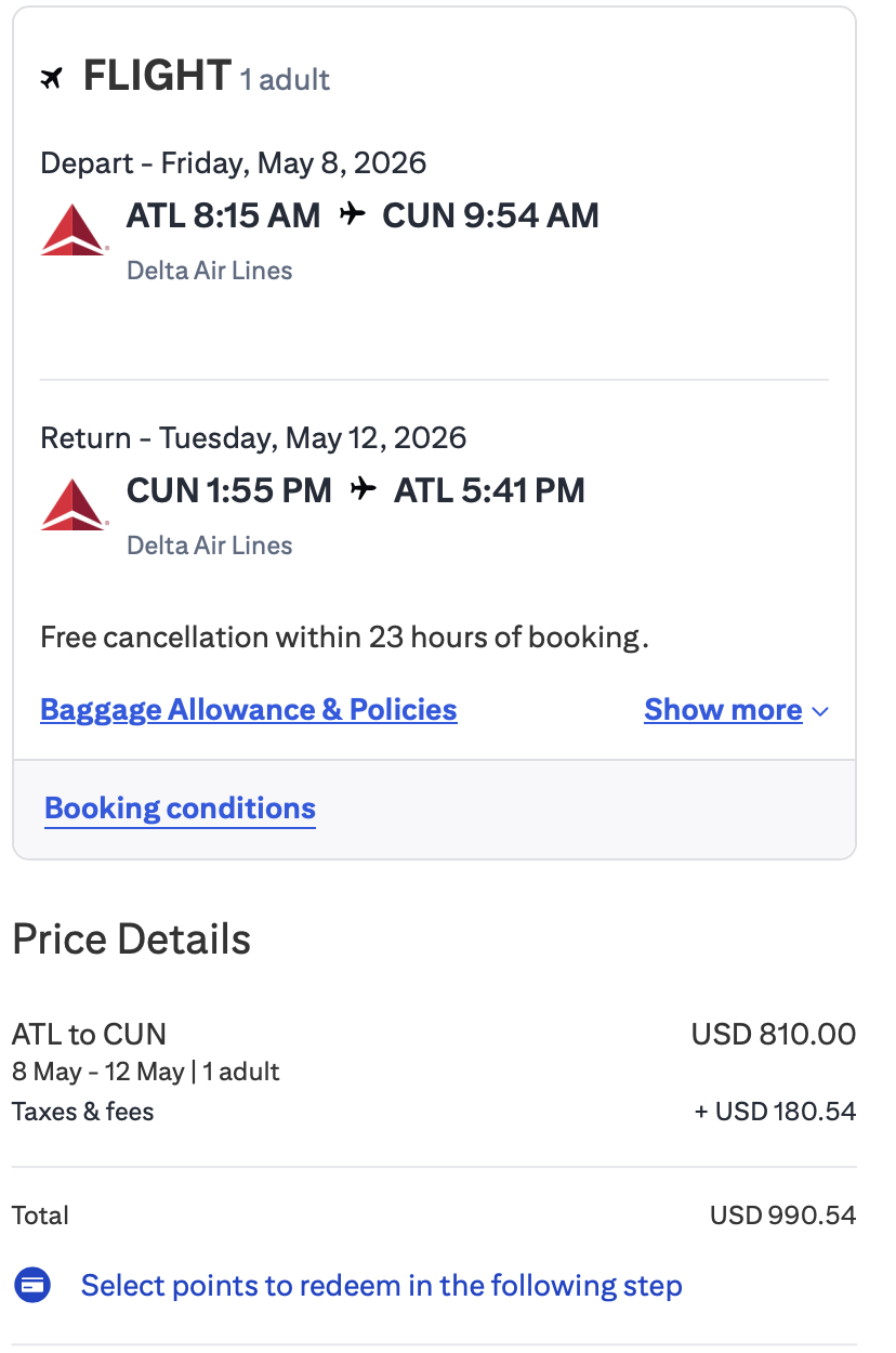 A screenshot showing a flight from ATL to CUN booked through Citi Travel