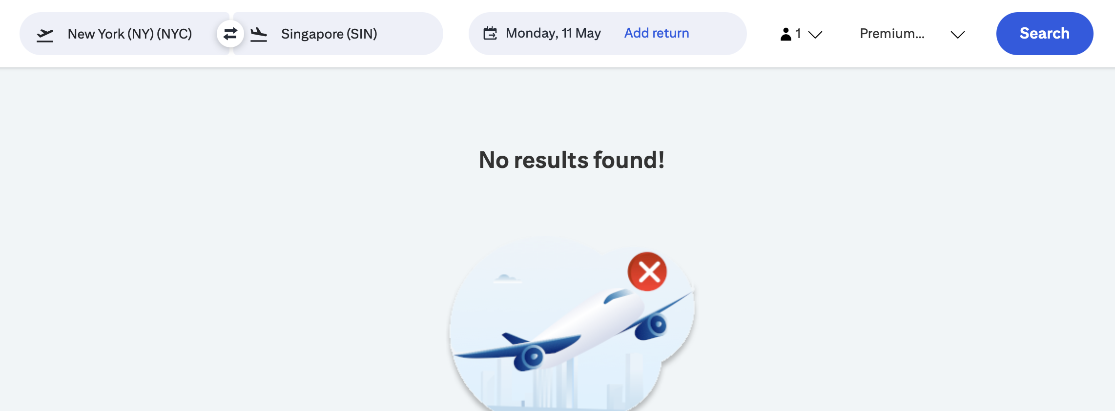 A screenshot showing a search for a flight from New York to Singapore with no results found