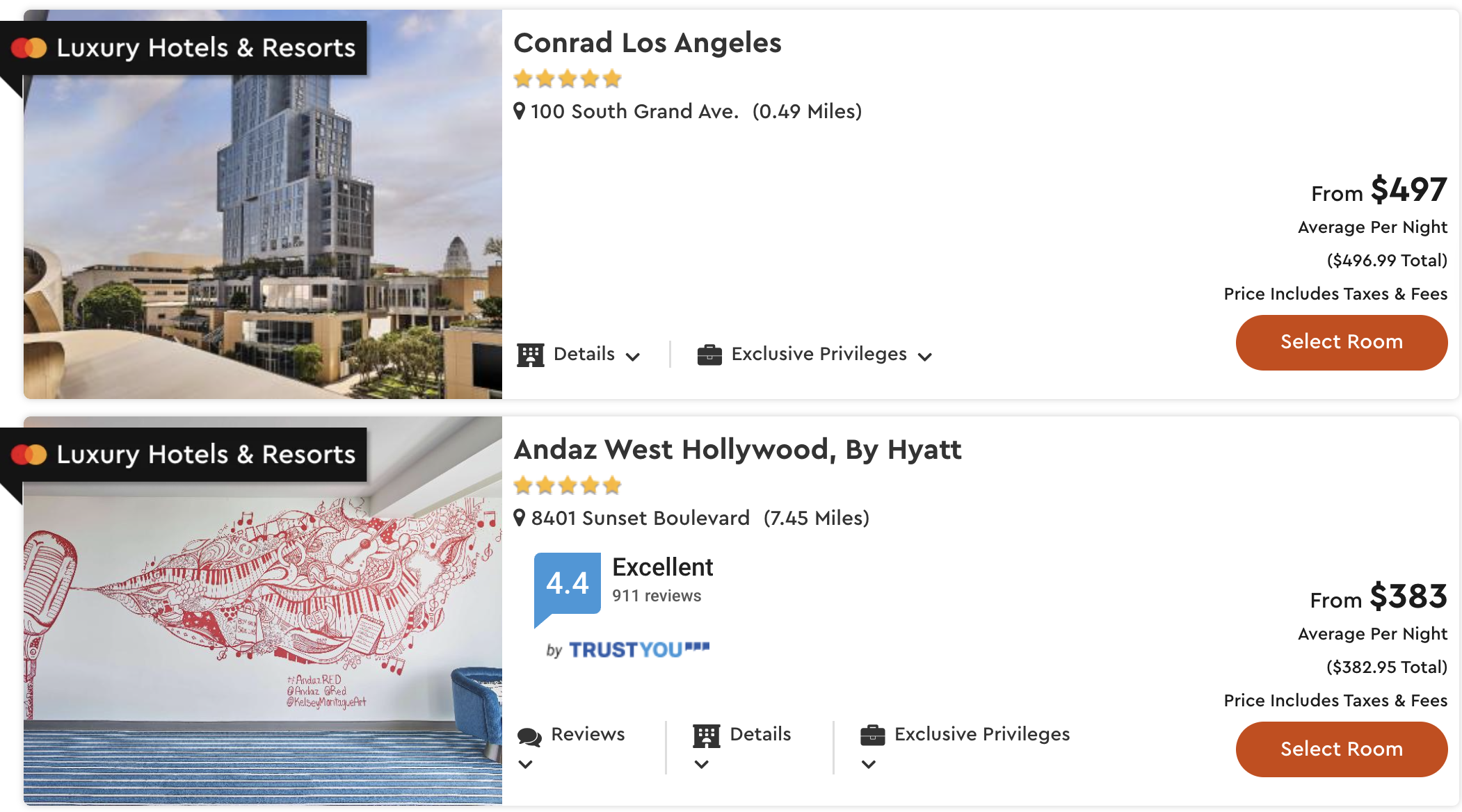 The Conrad Los Angeles and Andaz West Hollywood by Hyatt are part of the Mastercard Luxury Hotels and Resorts collection.