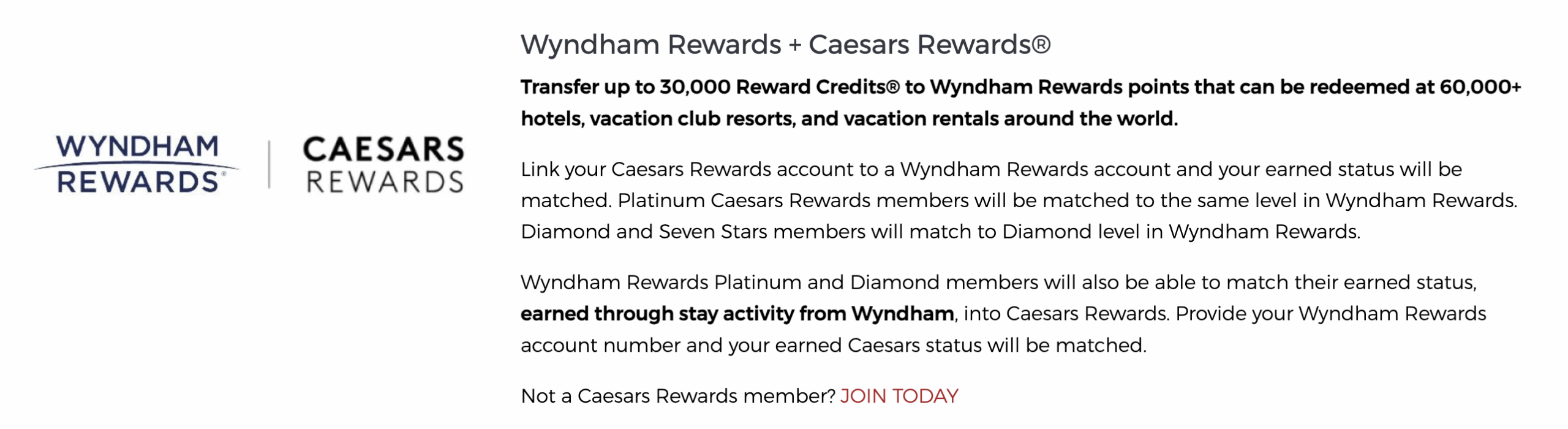 A screenshot showing the Wyndham Rewards and Caesars Rewards partnership
