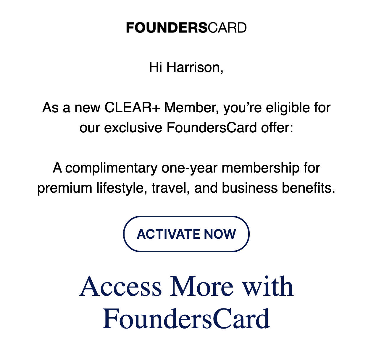 A screenshot of an email offering a new CLEAR+ member a one-year membership to FoundersCard