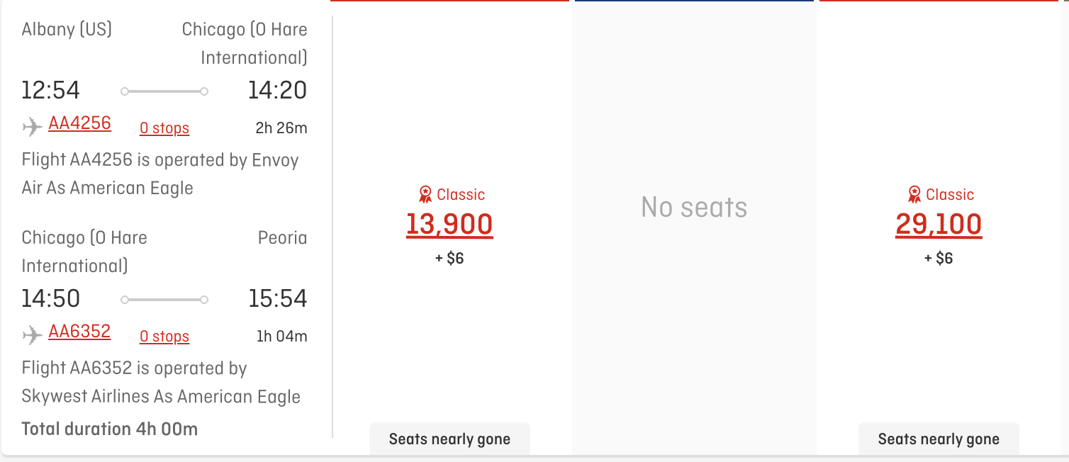 A screenshot showing a flight redemption from Albany to Peoria