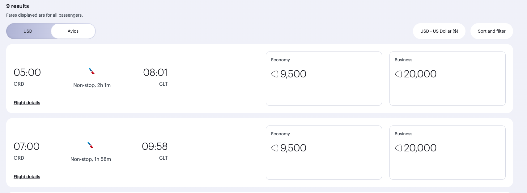 A screenshot showing a flight redemption through Qatar from ORD to CLT