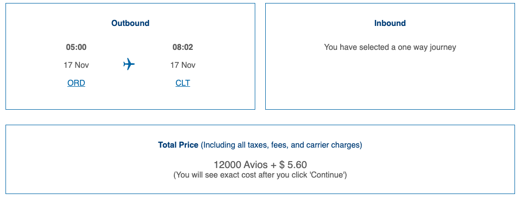 A screenshot showing a flight redemption from ORD to CLT through British Airways