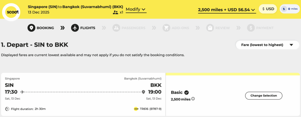 Singapore to Bankok Scoot award flight