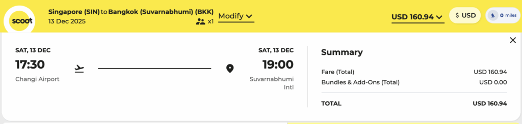 Singapore to Bangkok cash flight on Scoot