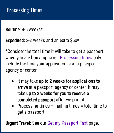 A screenshot showing the passport processing times by mail