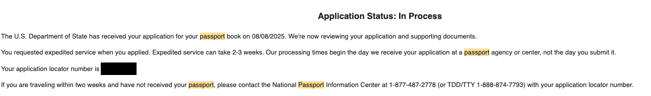 A screenshot showing an "in process" notification via email