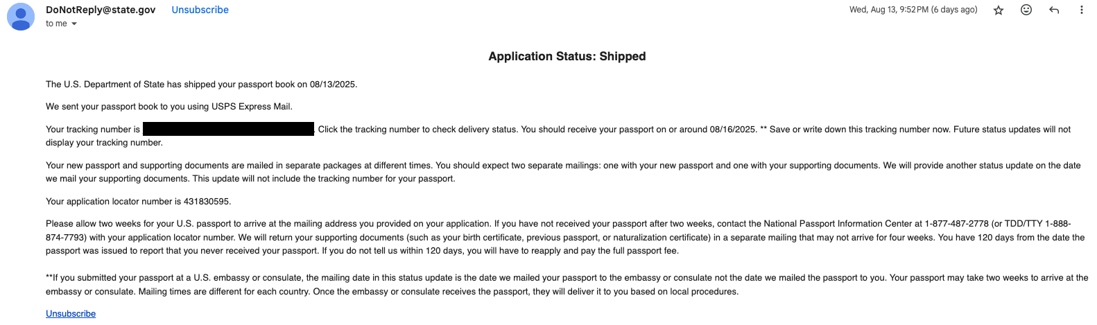 A screenshot of an email showing my passport application status as "shipped"