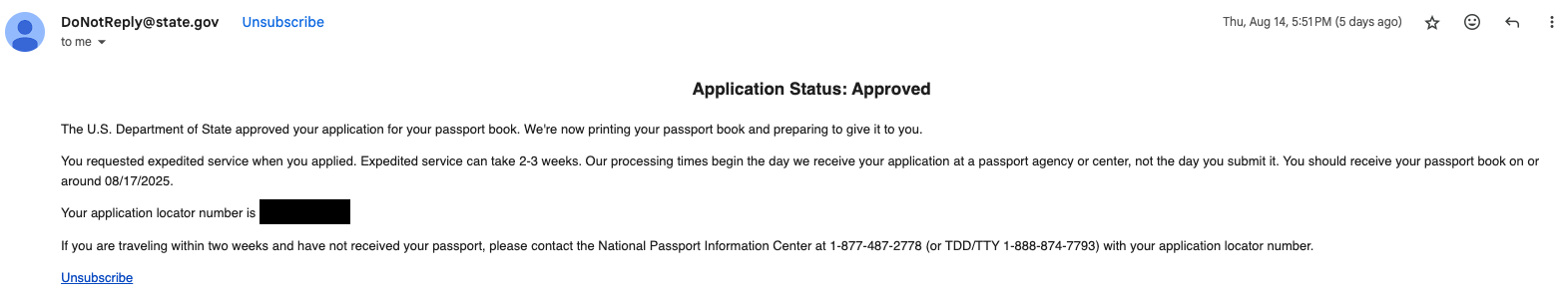 A screenshot of an email showing my passport application status as "approved"