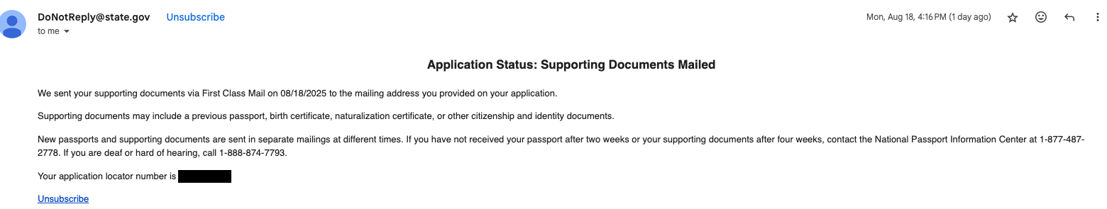 A screenshot of an email showing my passport application status as "supporting documents mailed"
