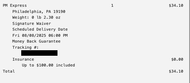 A screenshot showing my receipt for express shipping with a guaranteed delivery date of 8/8/25