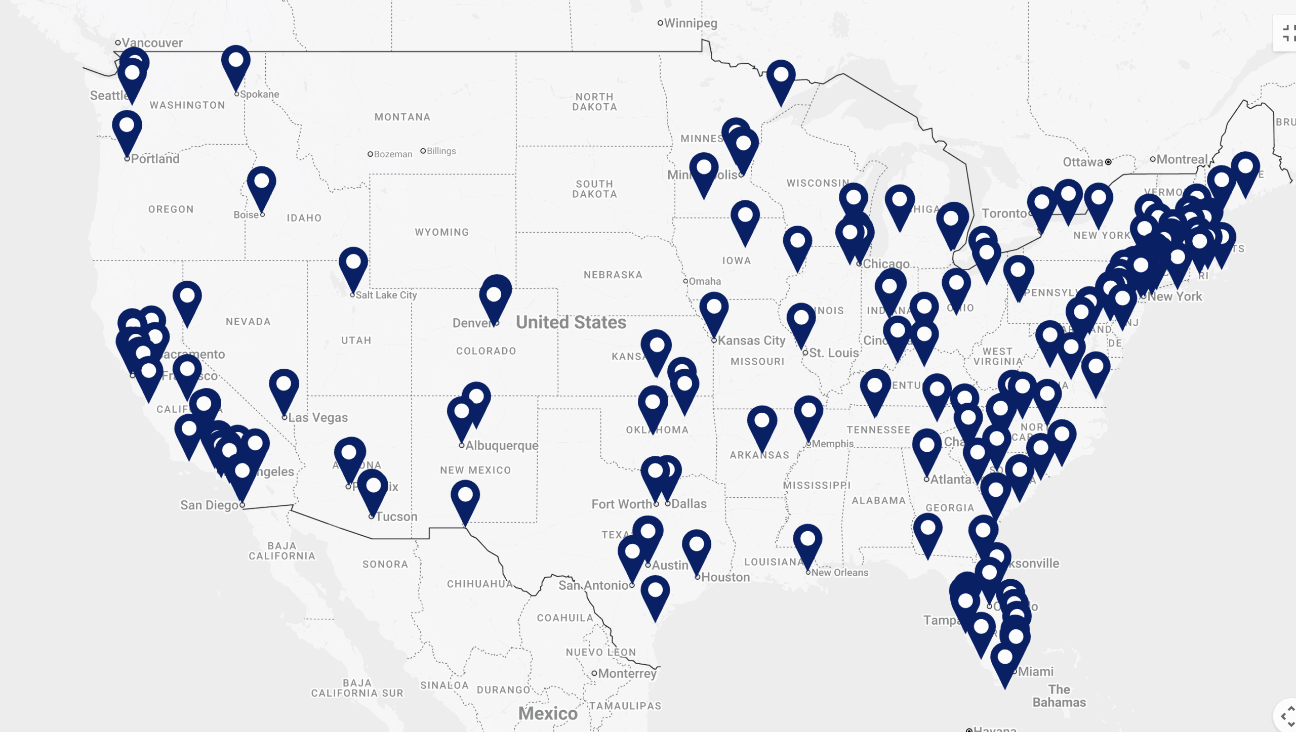 A screenshot of the Bank of America Museums on Us museums across the U.S.